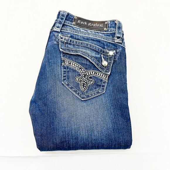 Rock Revival Johanna Skinny Dark Wash Denim Jeans Embellished Tab Pocket Size 28 - Picture 1 of 10